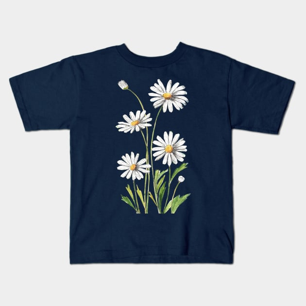 White Daisies Flowers Watercolor Painting Kids T-Shirt by Ratna Arts